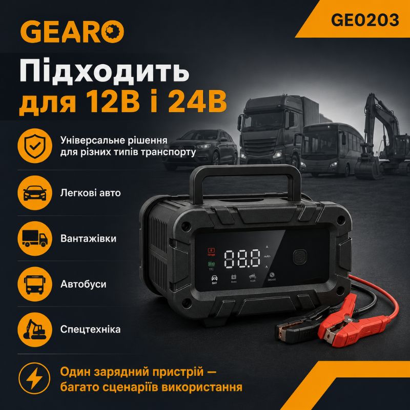 Зарядное устройство для аккумулятора АКБ Gearo 12В 24В 20А 300Ач (GE0203)