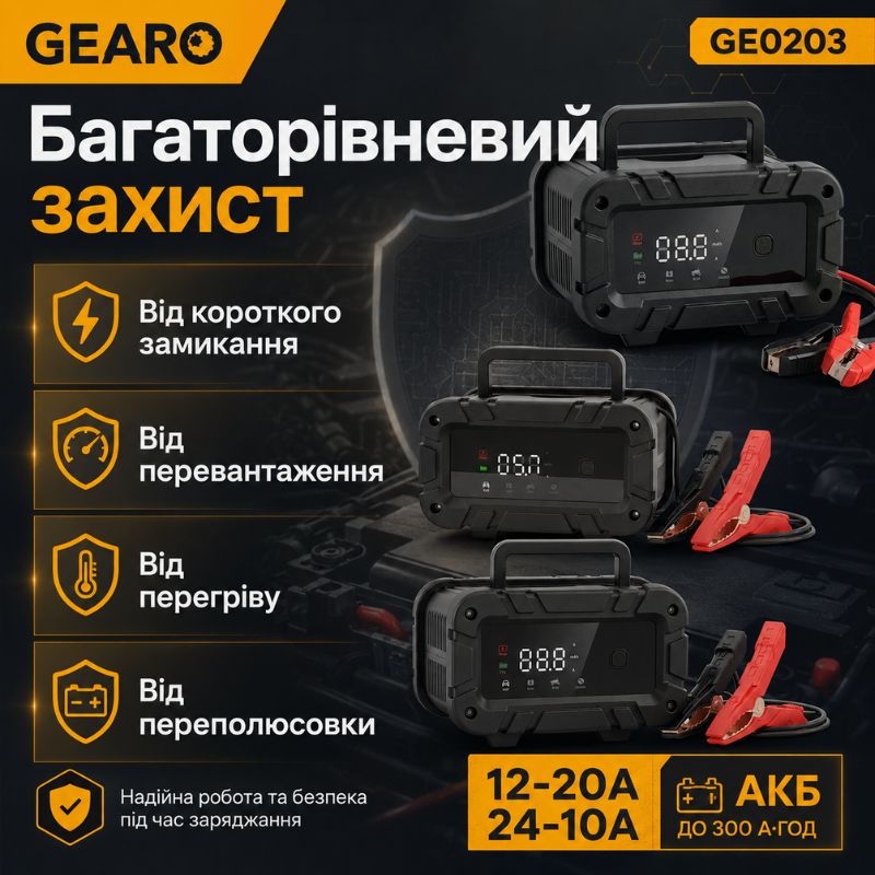 Зарядное устройство для аккумулятора АКБ Gearo 12В 24В 20А 300Ач (GE0203)