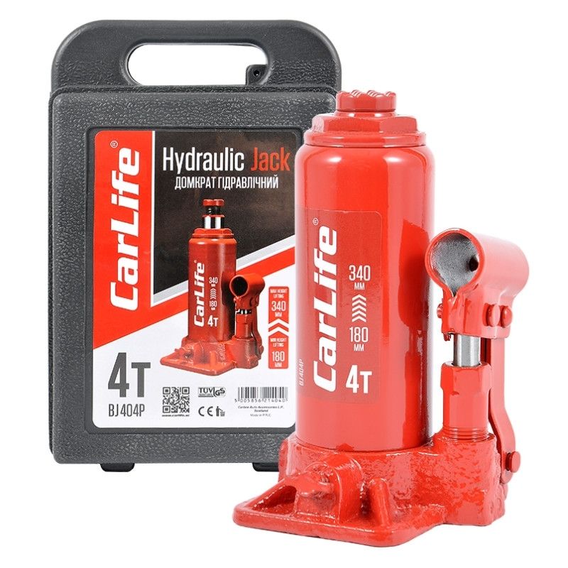 Домкрат гидравлический бутылочный 4т 180-340мм CarLife для автомобиля в пластиковом кейсе (BJ404P)