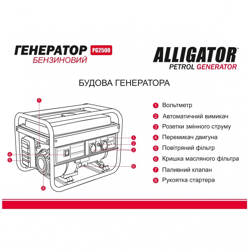 Бензиновый генератор ALLIGATOR 2 кВт с AVR для 230В электропоставки (PG2500)