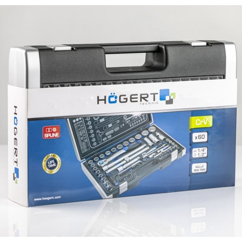 Набор инструментов 1/2" 1/4" 60шт CrV CrMo Сталь S2 Hogert в кейсе (HT1R470)