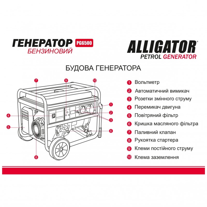 Бензиновый генератор ALLIGATOR 5 кВт с AVR 230В портативный электрогенератор (PG6500)