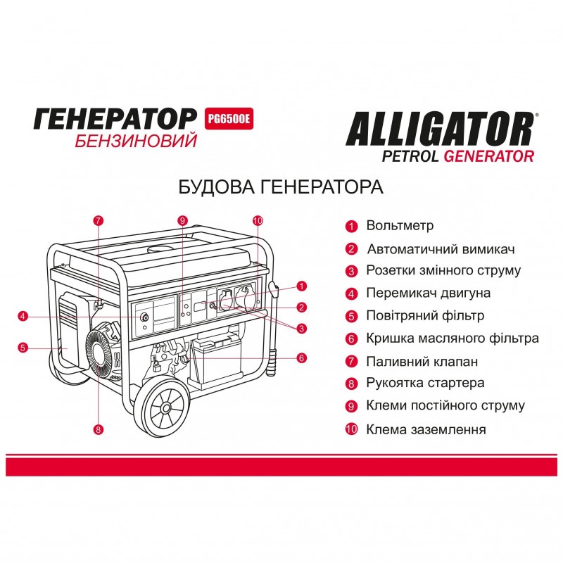 Бензиновый генератор 5 кВт ALLIGATOR с автозапуском и AVR 230В модель PG6500E (PG6500E)