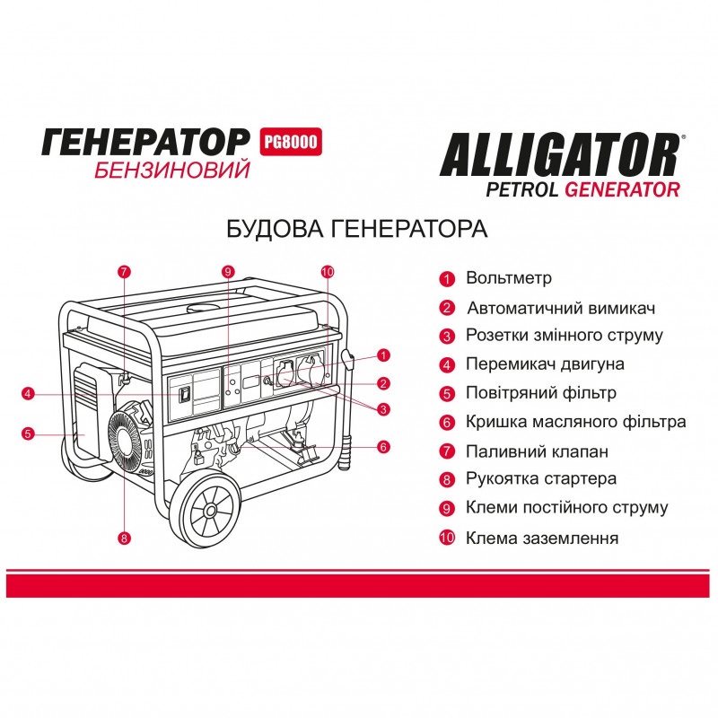 Бензиновый генератор ALLIGATOR 6 кВт с AVR для 230В электроснабжения (PG8000)