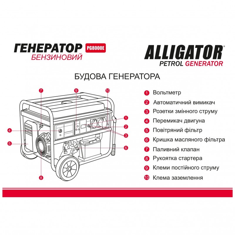 Бензиновый генератор ALLIGATOR 6 кВт с автозапуском и AVR для 230В электросети (PG8000E)