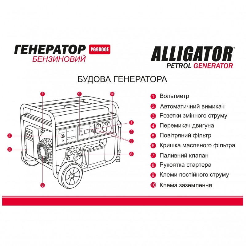 Бензиновый генератор ALLIGATOR 7 кВт с автозапуском и AVR 230В для дома и дачи (PG9000E)