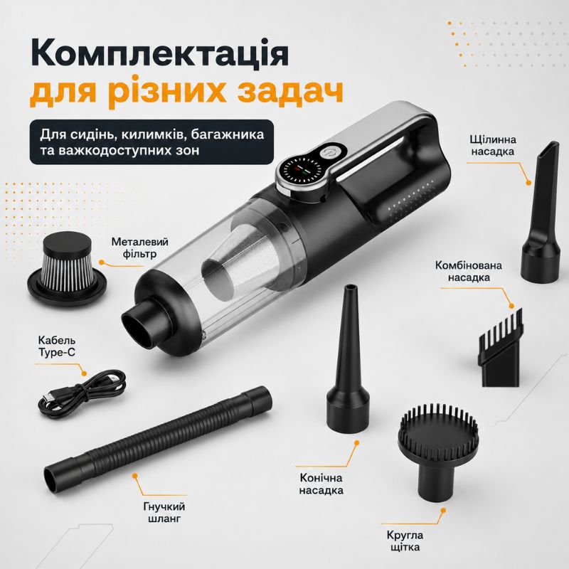 Автопилосос акумуляторний бездротовий 120Вт Gearo 4в1 17000PA 6000мАч 5 насадок (GE0122)