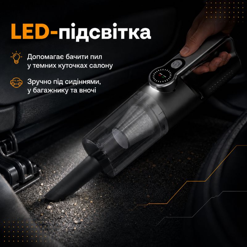 Автопилосос акумуляторний бездротовий 120Вт Gearo 4в1 17000PA 6000мАч 5 насадок (GE0122)