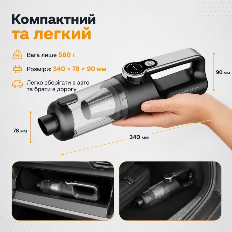 Автопилосос акумуляторний бездротовий 120Вт Gearo 4в1 17000PA 6000мАч 5 насадок (GE0122)
