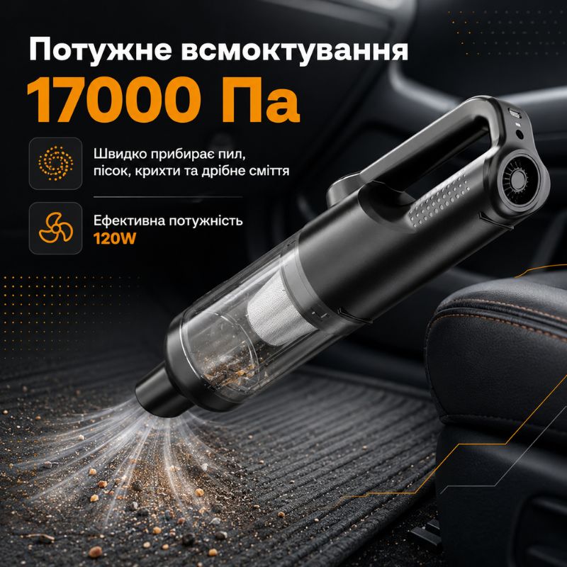 Автопилосос акумуляторний бездротовий 120Вт Gearo 4в1 17000PA 6000мАч 5 насадок (GE0122)