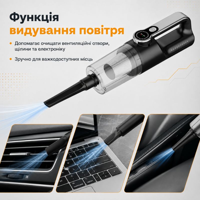 Автопилосос акумуляторний бездротовий 120Вт Gearo 4в1 17000PA 6000мАч 5 насадок (GE0122)