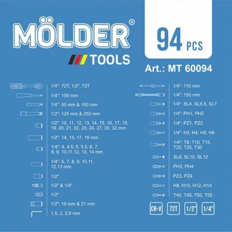 Набор инструментов 1/2" 1/4" 94шт CrV Molder в кейсе (MT60094)