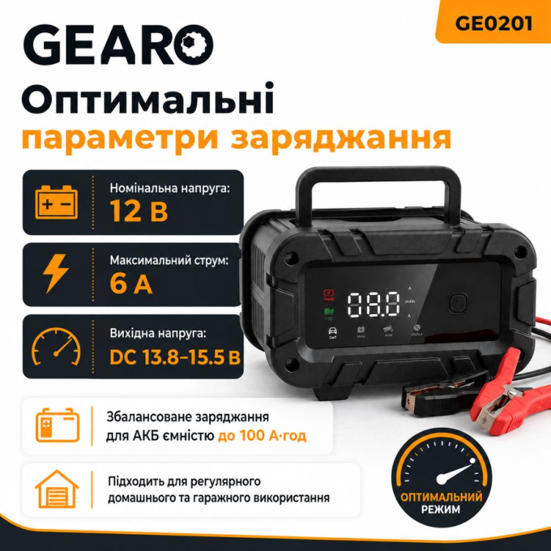 Зарядное устройство для аккумулятора АКБ Gearo 12В 6А 100Ач (GE0201)