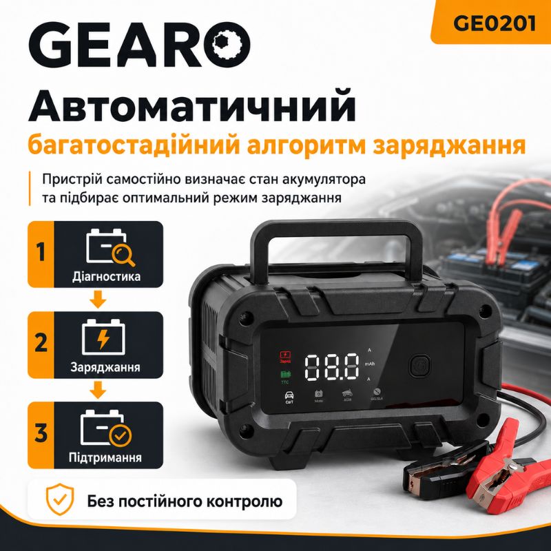 Зарядное устройство для аккумулятора АКБ Gearo 12В 6А 100Ач (GE0201)