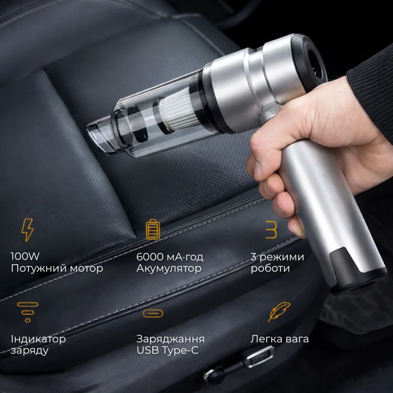 Автопилосос акумуляторний HEPA 160 мл 100Вт Gearo 4в1 20кПа 6000мАг 7 насадок (GE0121)