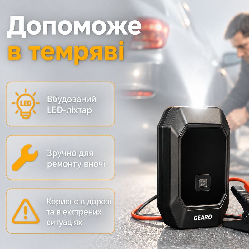 Бустер для авто з автокомпресором і повербанком 4в1 Gearo 12000mAh 40л/хв 1000А 10Атм (GE0101)
