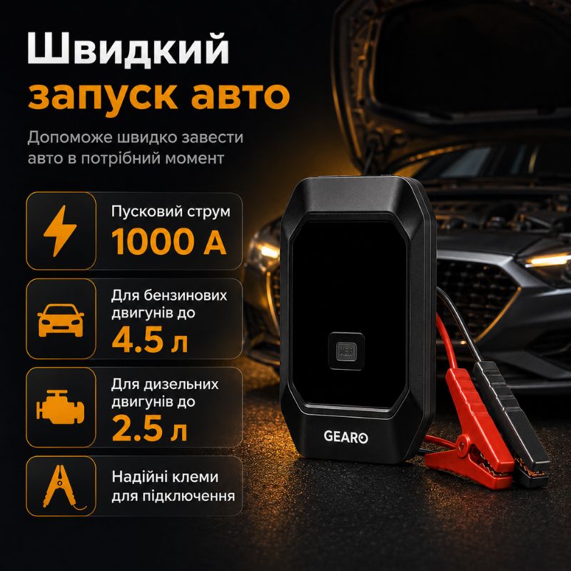 Бустер для авто з автокомпресором і повербанком 4в1 Gearo 12000mAh 40л/хв 1000А 10Атм (GE0101)