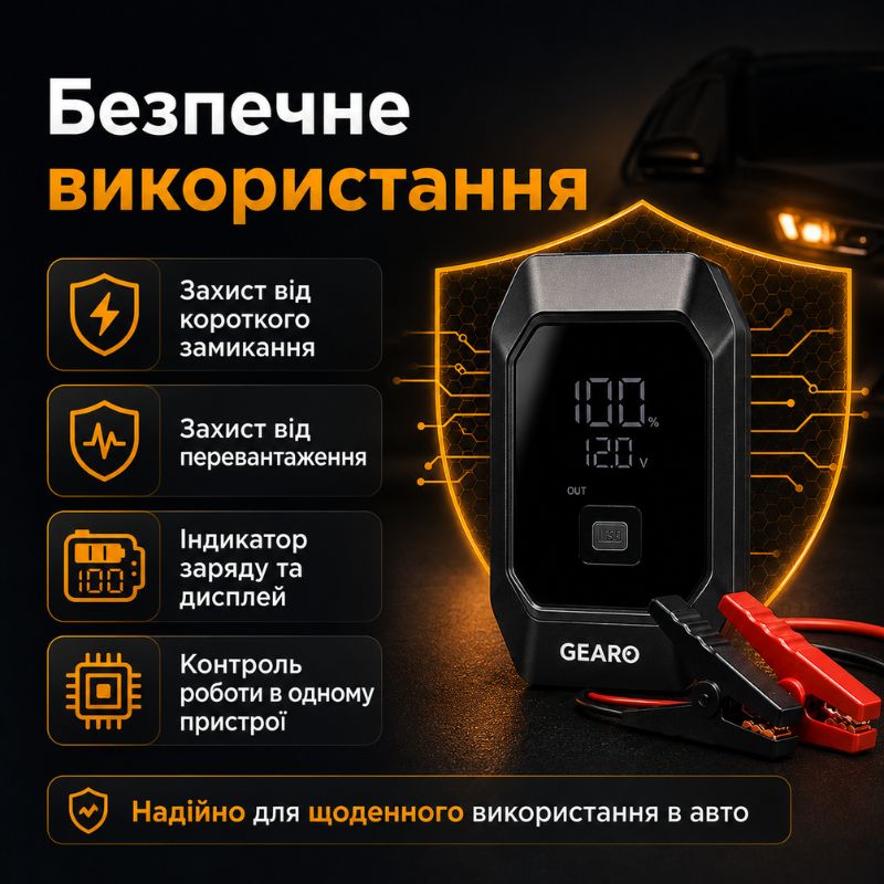 Бустер для авто з автокомпресором і повербанком 4в1 Gearo 12000mAh 40л/хв 1000А 10Атм (GE0101)