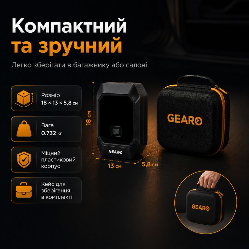Бустер для авто з автокомпресором і повербанком 4в1 Gearo 12000mAh 40л/хв 1000А 10Атм (GE0101)