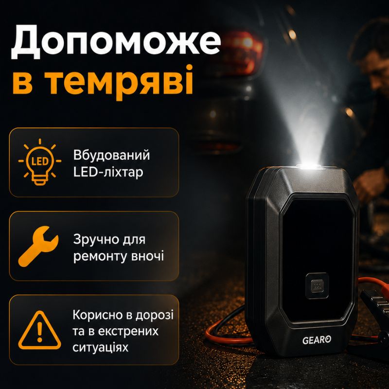 Бустер для авто з автокомпресором і повербанком 4в1 Gearo 12000mAh 40л/хв 1000А 10Атм (GE0101)
